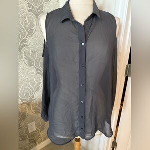 Grey cold shoulder chiffon button down shirt